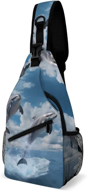 Cute Animal Two Dolphin Jump Crossbody Sling Bag for Men Women Lightweight Chest Bag Sling Backpack for Hiking Travel