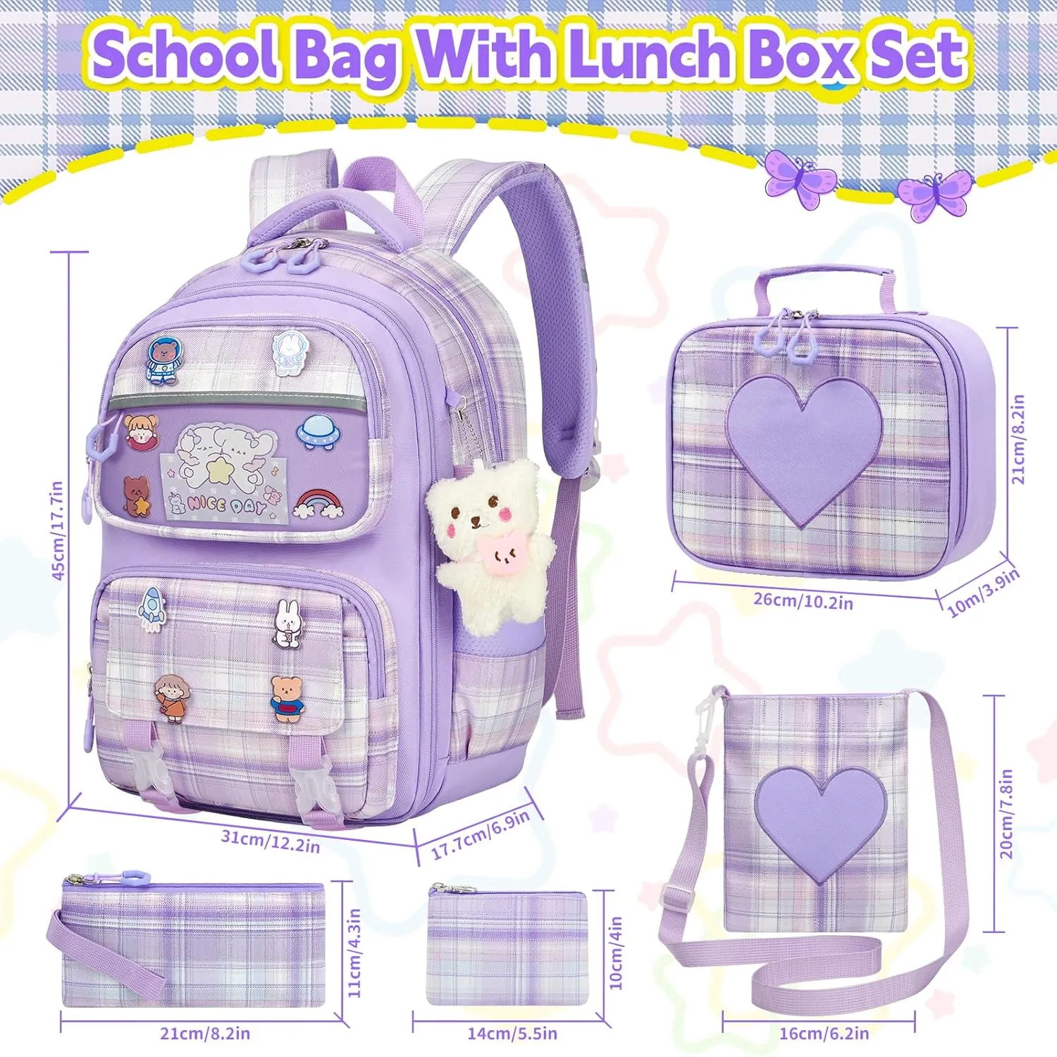 Cute Backpack for Girls, 5 Pack Kawaii Backpack Aesthetic Backpack with Lunch Box Set, Cute Purple School Bookbag for Kids Teen Elementary