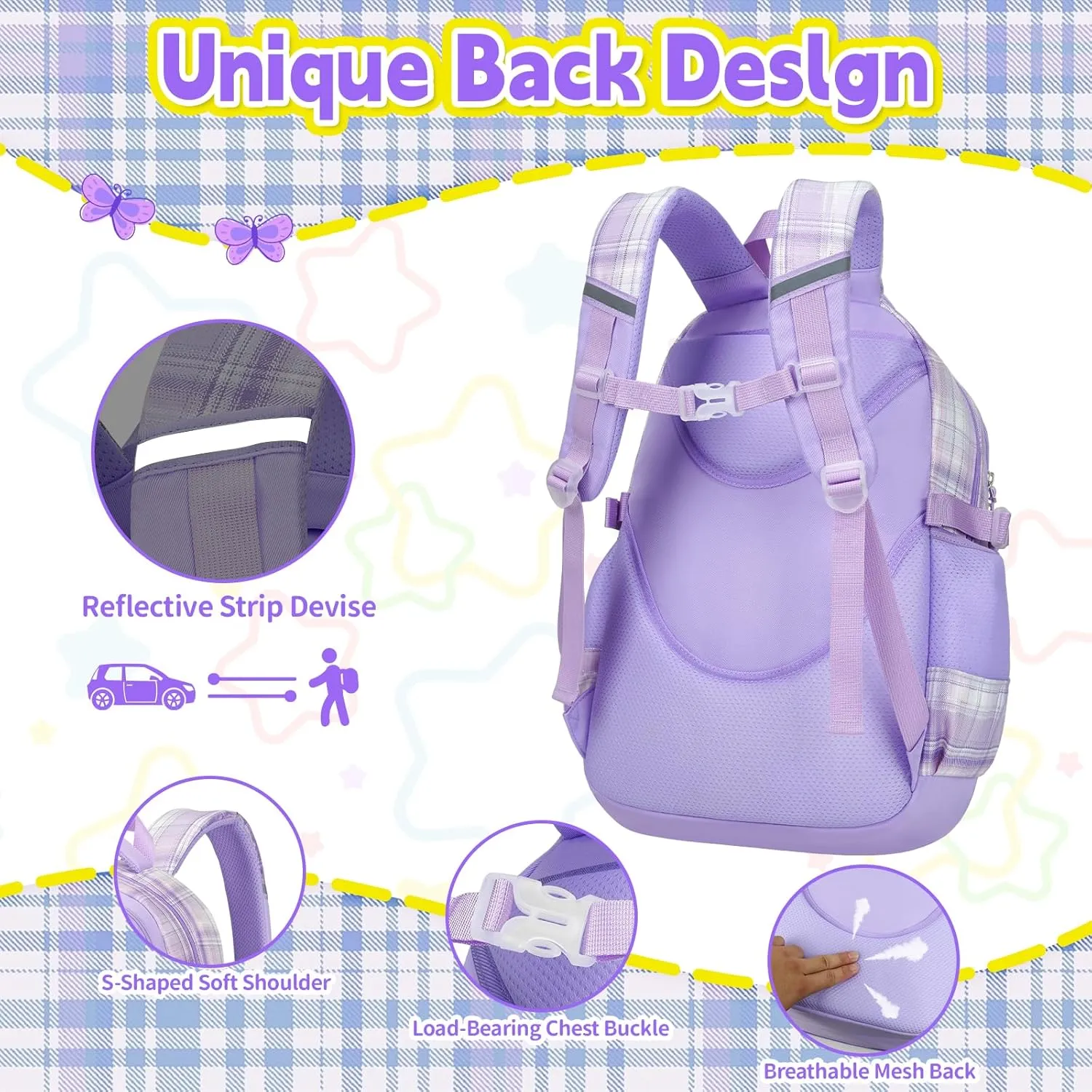Cute Backpack for Girls, 5 Pack Kawaii Backpack Aesthetic Backpack with Lunch Box Set, Cute Purple School Bookbag for Kids Teen Elementary