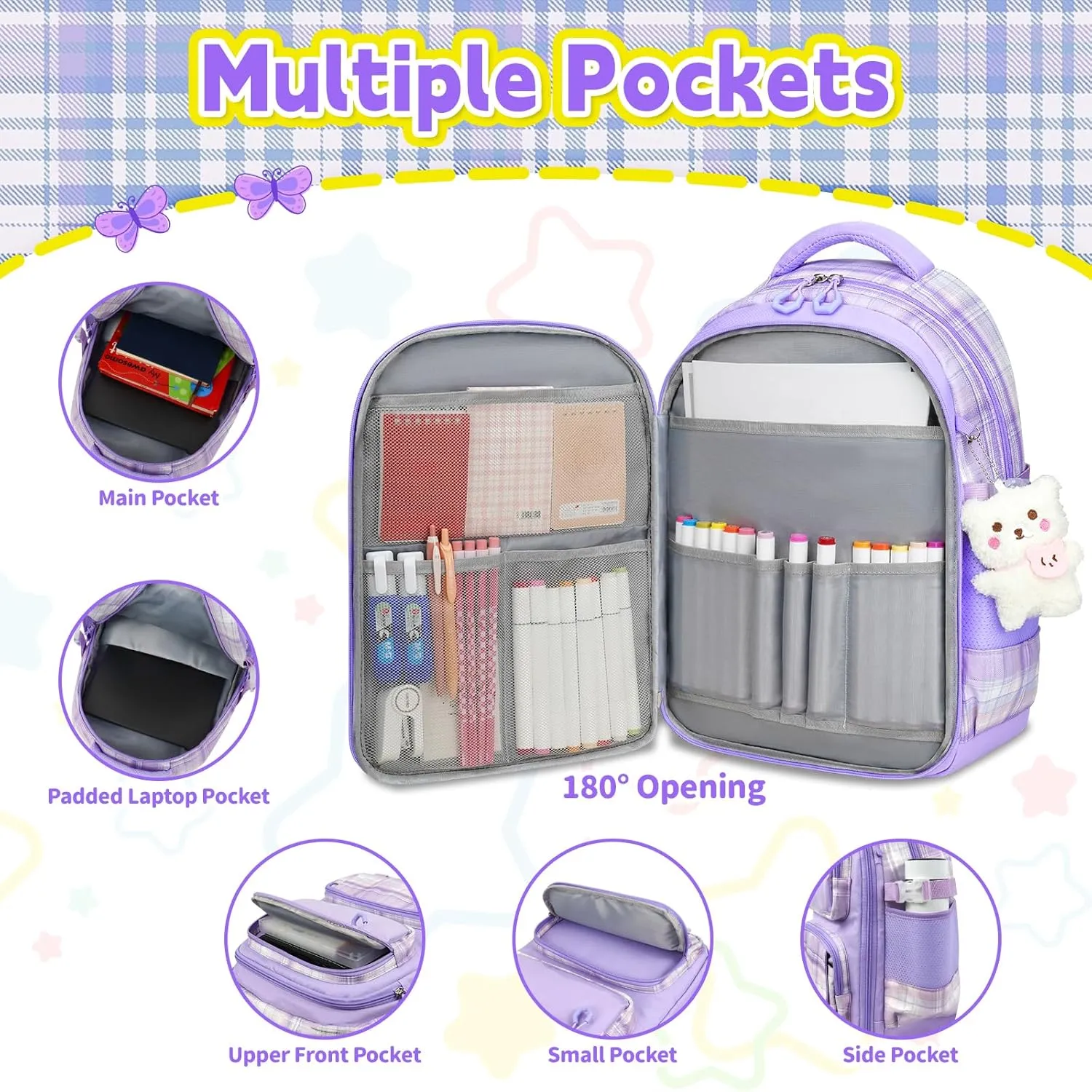 Cute Backpack for Girls, 5 Pack Kawaii Backpack Aesthetic Backpack with Lunch Box Set, Cute Purple School Bookbag for Kids Teen Elementary