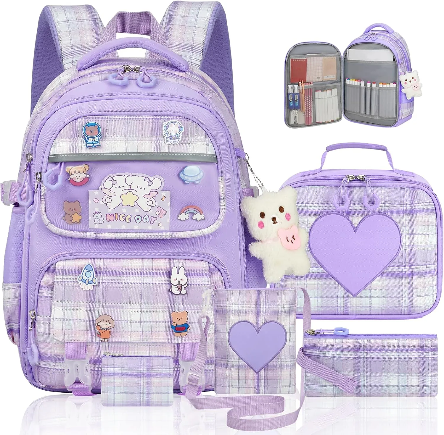 Cute Backpack for Girls, 5 Pack Kawaii Backpack Aesthetic Backpack with Lunch Box Set, Cute Purple School Bookbag for Kids Teen Elementary
