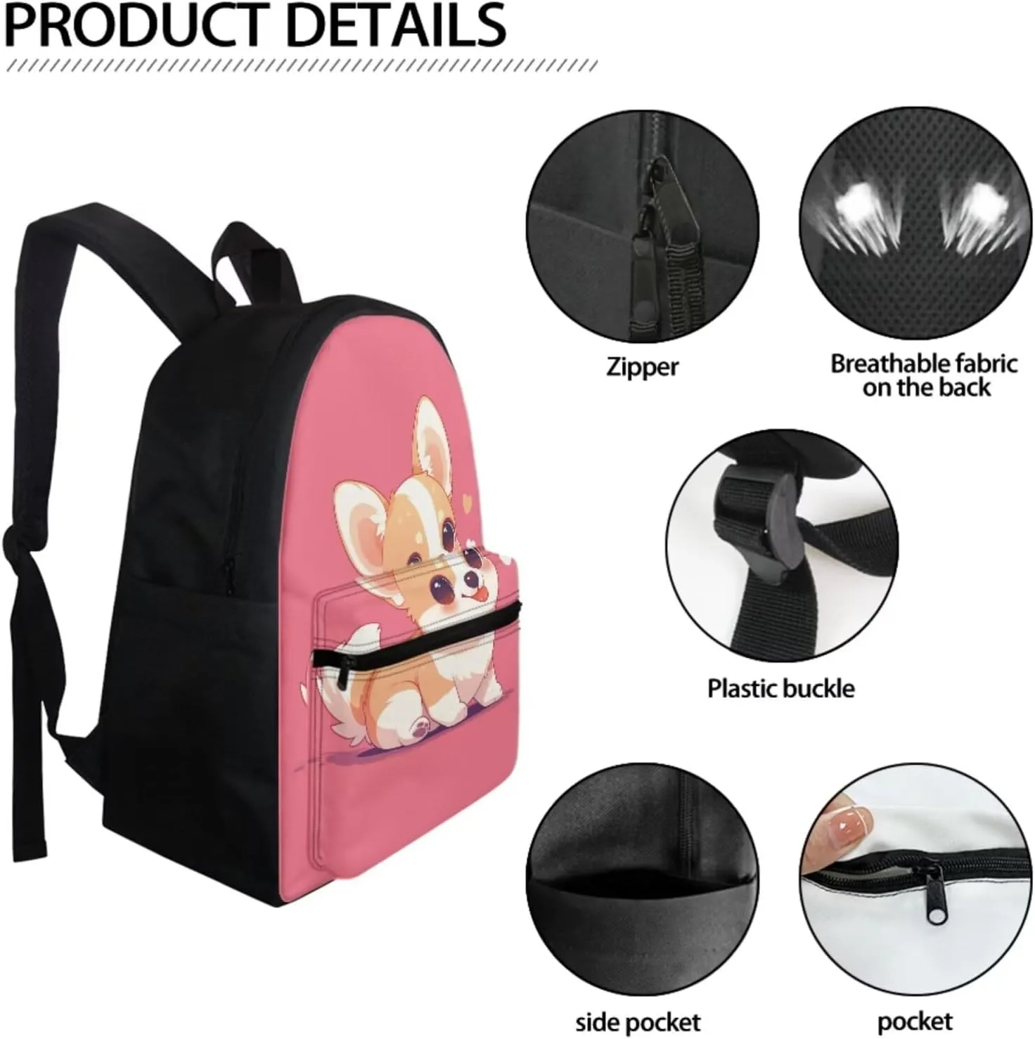 Cute Corgi Backpack for Elementary School Boys Girls Bookbag Ages 6-8/8-10 Kids School Bag With Lunch Bag Pencil Case Set 3 In 1 Primary Kindergarten Students Book Bags 16Inch Pink