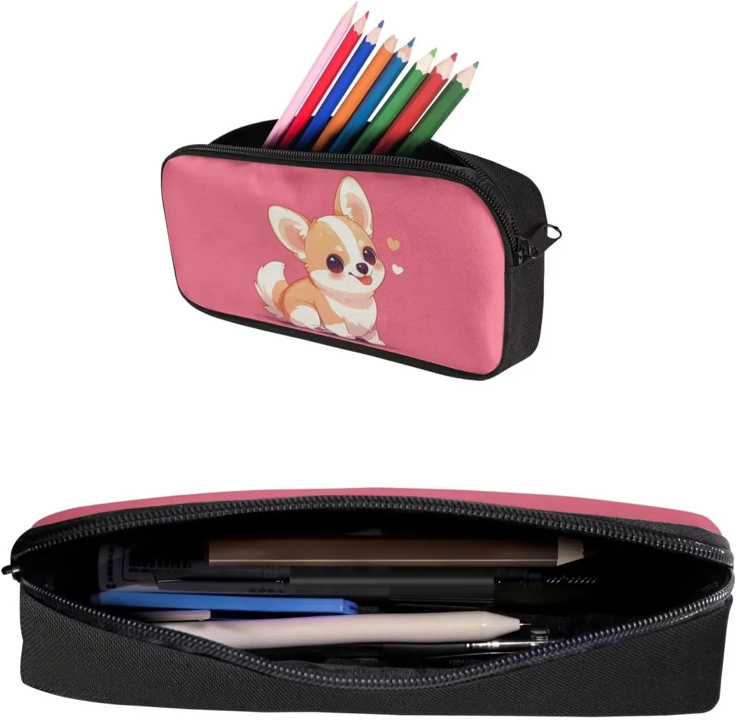 Cute Corgi Backpack for Elementary School Boys Girls Bookbag Ages 6-8/8-10 Kids School Bag With Lunch Bag Pencil Case Set 3 In 1 Primary Kindergarten Students Book Bags 16Inch Pink
