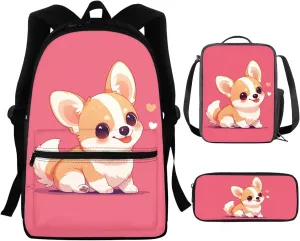 Cute Corgi Backpack for Elementary School Boys Girls Bookbag Ages 6-8/8-10 Kids School Bag With Lunch Bag Pencil Case Set 3 In 1 Primary Kindergarten Students Book Bags 16Inch Pink