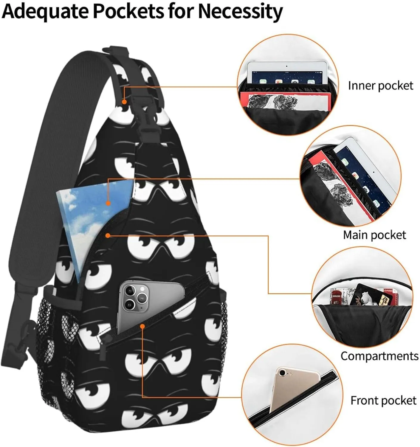 Cute Funny Cartoon Sketch Eyes Crossbody Bag Cross Chest Bag Adjustable Sling Backpack Sports Gym Shoulder Bags Travel Cycling Daypack Diagonally Casual Rucksack