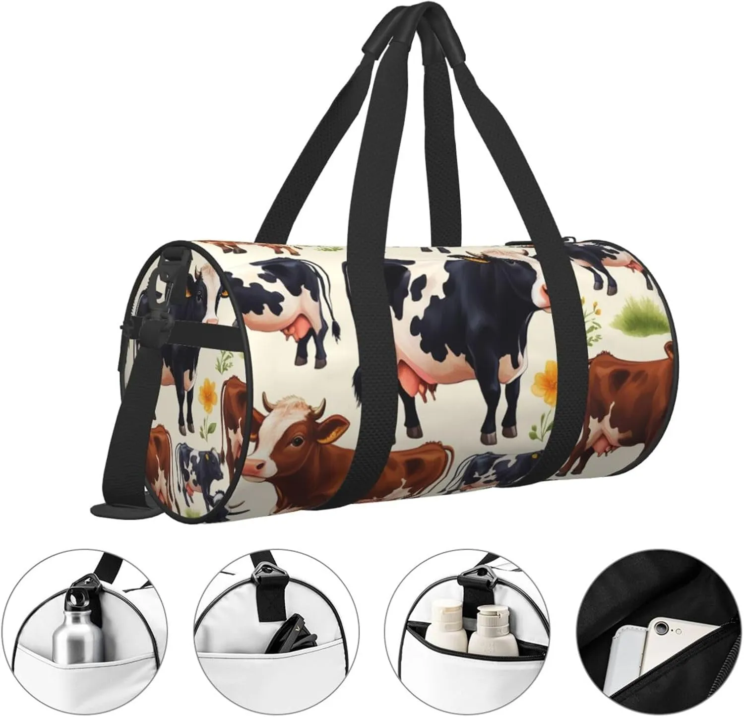 Cute Little Cow Calf Pattern Printed Travel Bag,Round Personal Item Storage bag,Foldie Duffel Bag for Traveling Vacation,Fitness,Sports