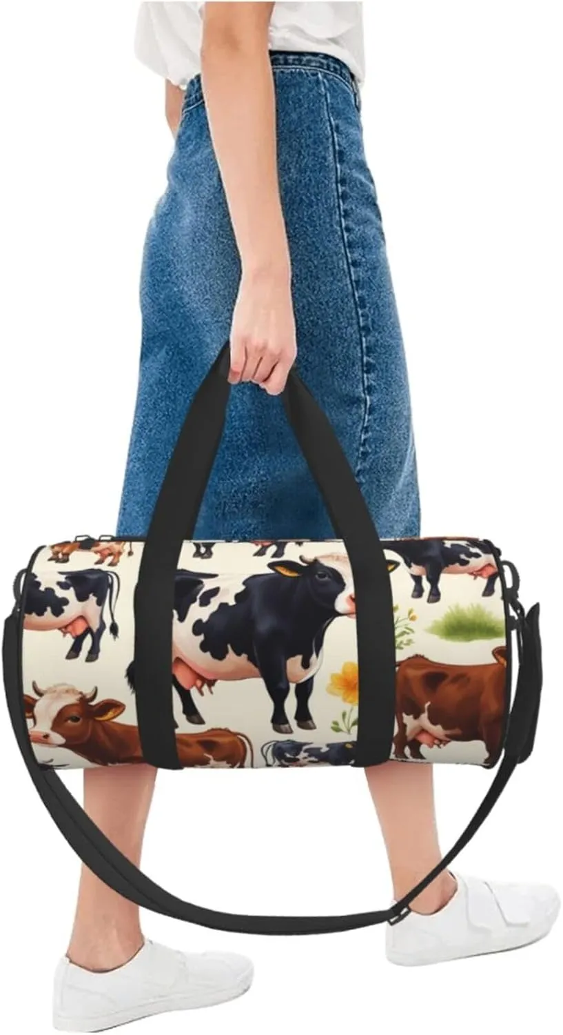 Cute Little Cow Calf Pattern Printed Travel Bag,Round Personal Item Storage bag,Foldie Duffel Bag for Traveling Vacation,Fitness,Sports