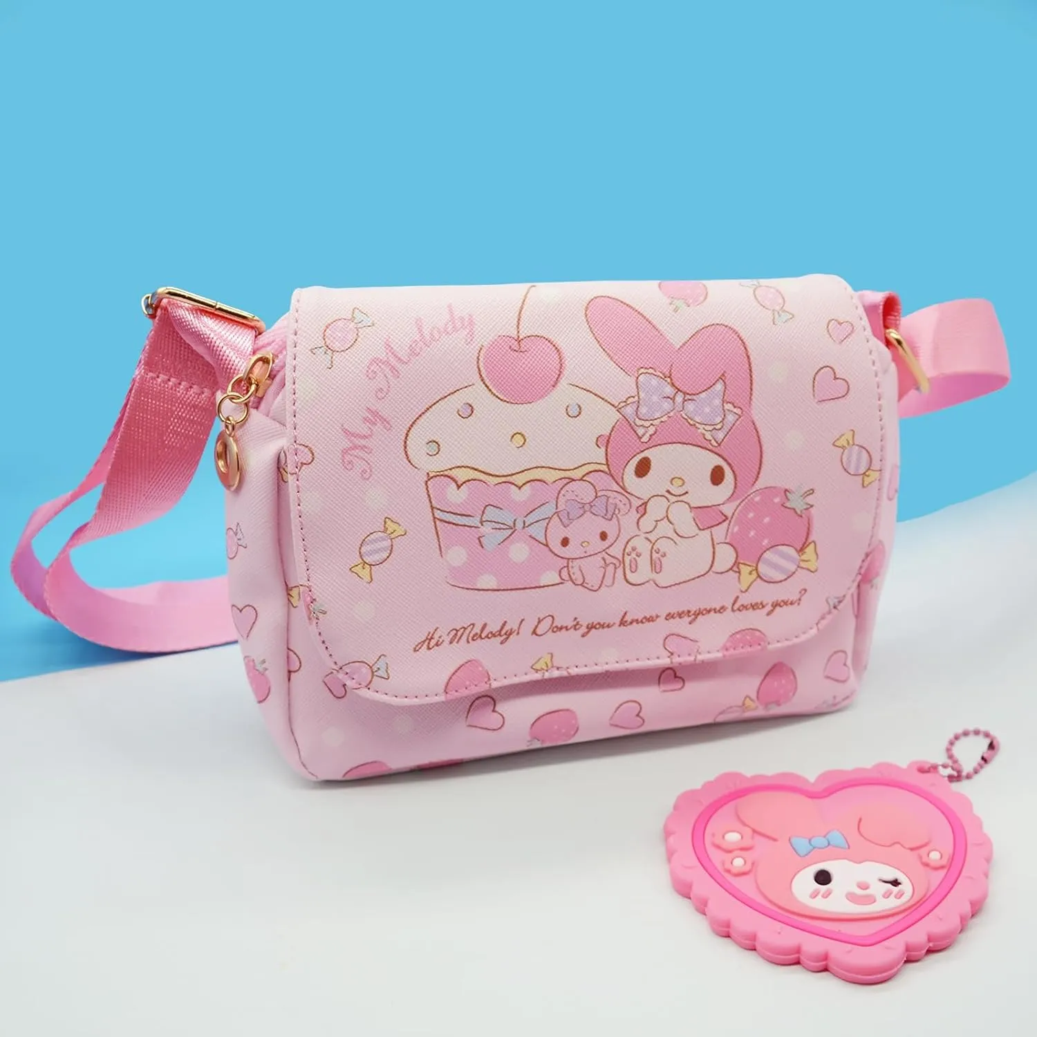 Cute Medy Crossbody Bag with Adjustable Shoulder Strap and Mirror, Kawaii Handbag with Buckle, Kitty Family Wallet Purse Shoulder Bag Coin Pouch Accessories for Women Girls