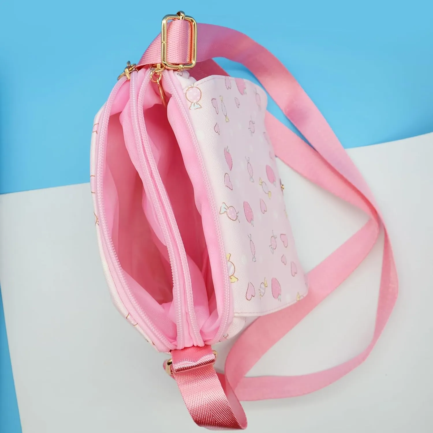 Cute Medy Crossbody Bag with Adjustable Shoulder Strap and Mirror, Kawaii Handbag with Buckle, Kitty Family Wallet Purse Shoulder Bag Coin Pouch Accessories for Women Girls
