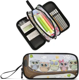 Cute Owl Bird Large Capacity Pencil Case 3 Compartment Pen box Makeup Pouch Holder Organizer Stationery Bag for School Teen Girl Boy Men Women
