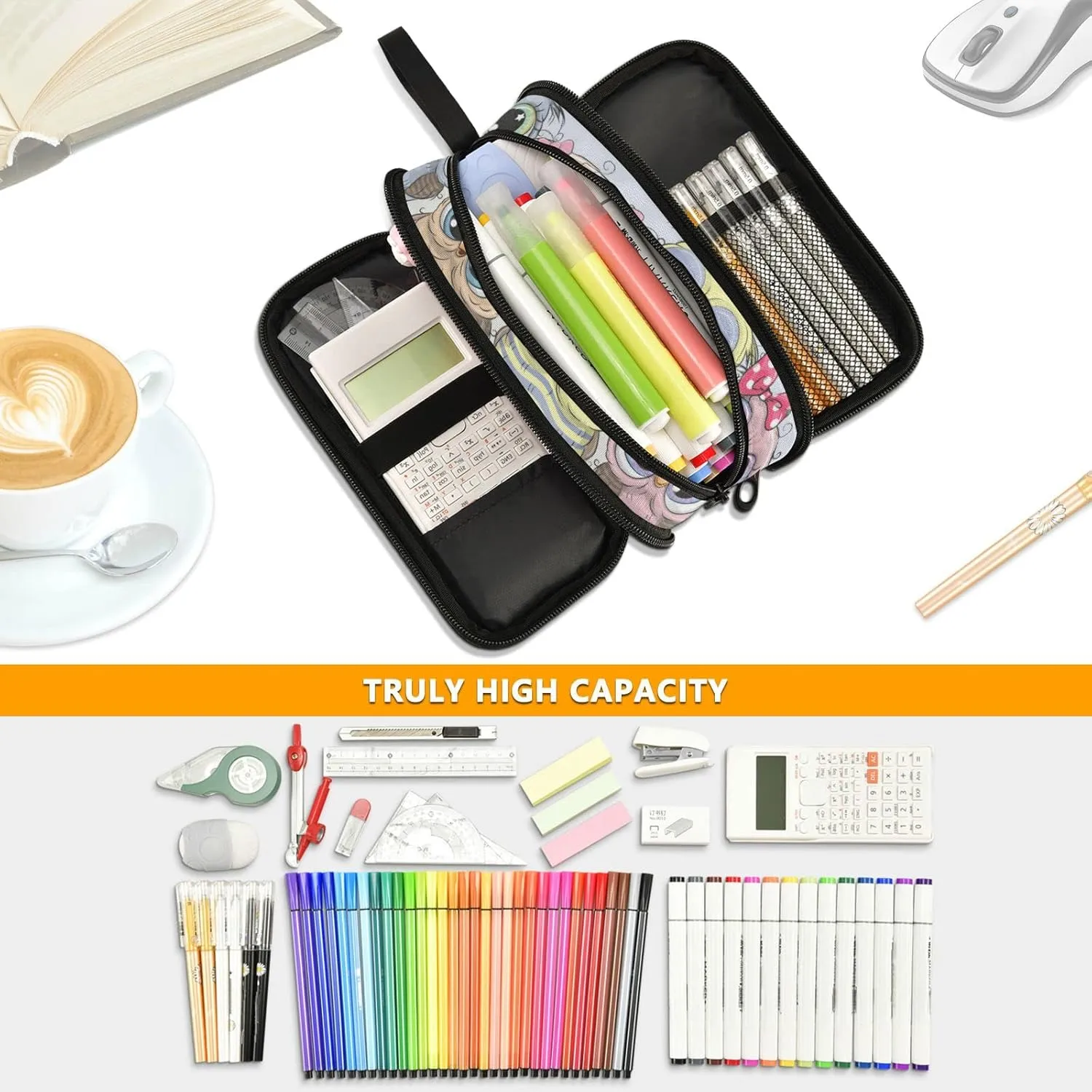 Cute Owl Bird Large Capacity Pencil Case 3 Compartment Pen box Makeup Pouch Holder Organizer Stationery Bag for School Teen Girl Boy Men Women