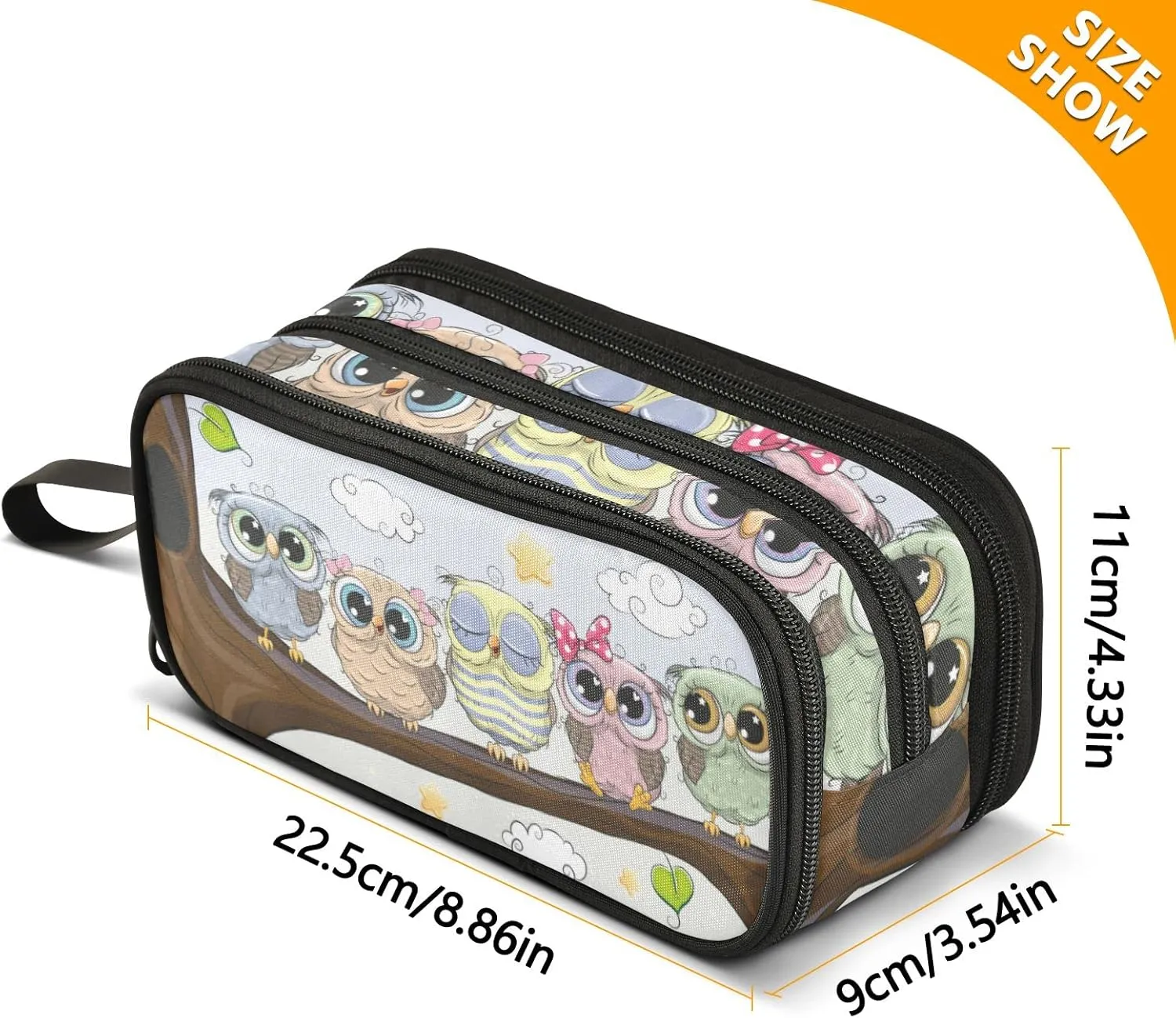 Cute Owl Bird Large Capacity Pencil Case 3 Compartment Pen box Makeup Pouch Holder Organizer Stationery Bag for School Teen Girl Boy Men Women