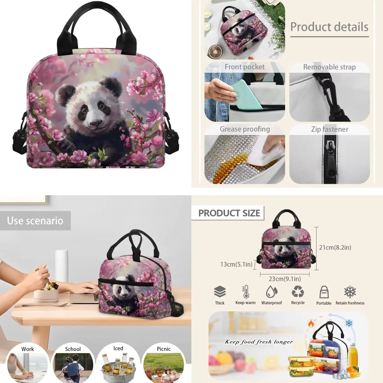 Cute Panda Backpack for School Girls 10-12 Cherry Blossom Bookbag With Lunch Box Kids Pencil Case Elementary/Middle School Bag 3Rd Grade-6Th Grade Teens Schoolbag 17inch Laptop Bags