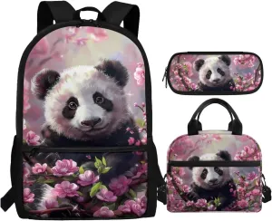 Cute Panda Backpack for School Girls 10-12 Cherry Blossom Bookbag With Lunch Box Kids Pencil Case Elementary/Middle School Bag 3Rd Grade-6Th Grade Teens Schoolbag 17inch Laptop Bags