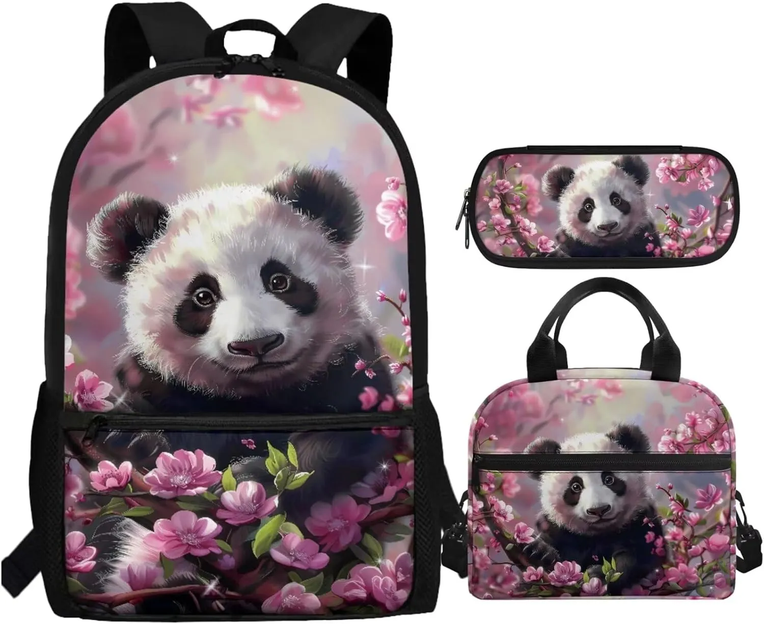 Cute Panda Backpack for School Girls 10-12 Cherry Blossom Bookbag With Lunch Box Kids Pencil Case Elementary/Middle School Bag 3Rd Grade-6Th Grade Teens Schoolbag 17inch Laptop Bags