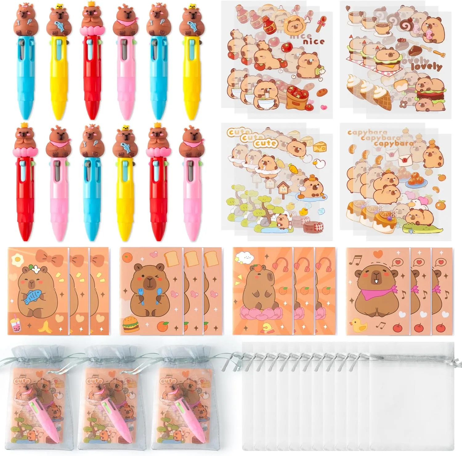 CY2SIDE Capybara Stationery Party Gift - 12 Pack Fun Animal Prizes Set Include 4-in-1 Ballpoint Pens Mini Notebook and Organza Birthday Party Favors Goodie Bag Fillers Stuffer for School Rewards