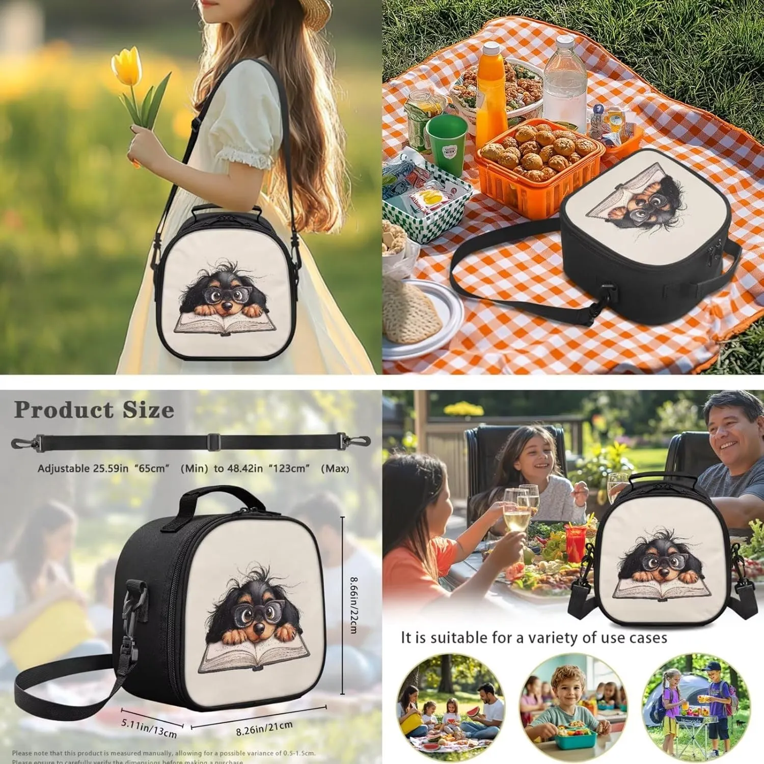 Dachshund Book Lunch Box Utensil Pouch for Boy Girls Washable Lunch Bag with Crossbody Shoulder Strap Cooler Meal Containers for School Picnic Daily Use