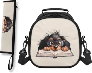 Dachshund Book Lunch Box Utensil Pouch for Boy Girls Washable Lunch Bag with Crossbody Shoulder Strap Cooler Meal Containers for School Picnic Daily Use
