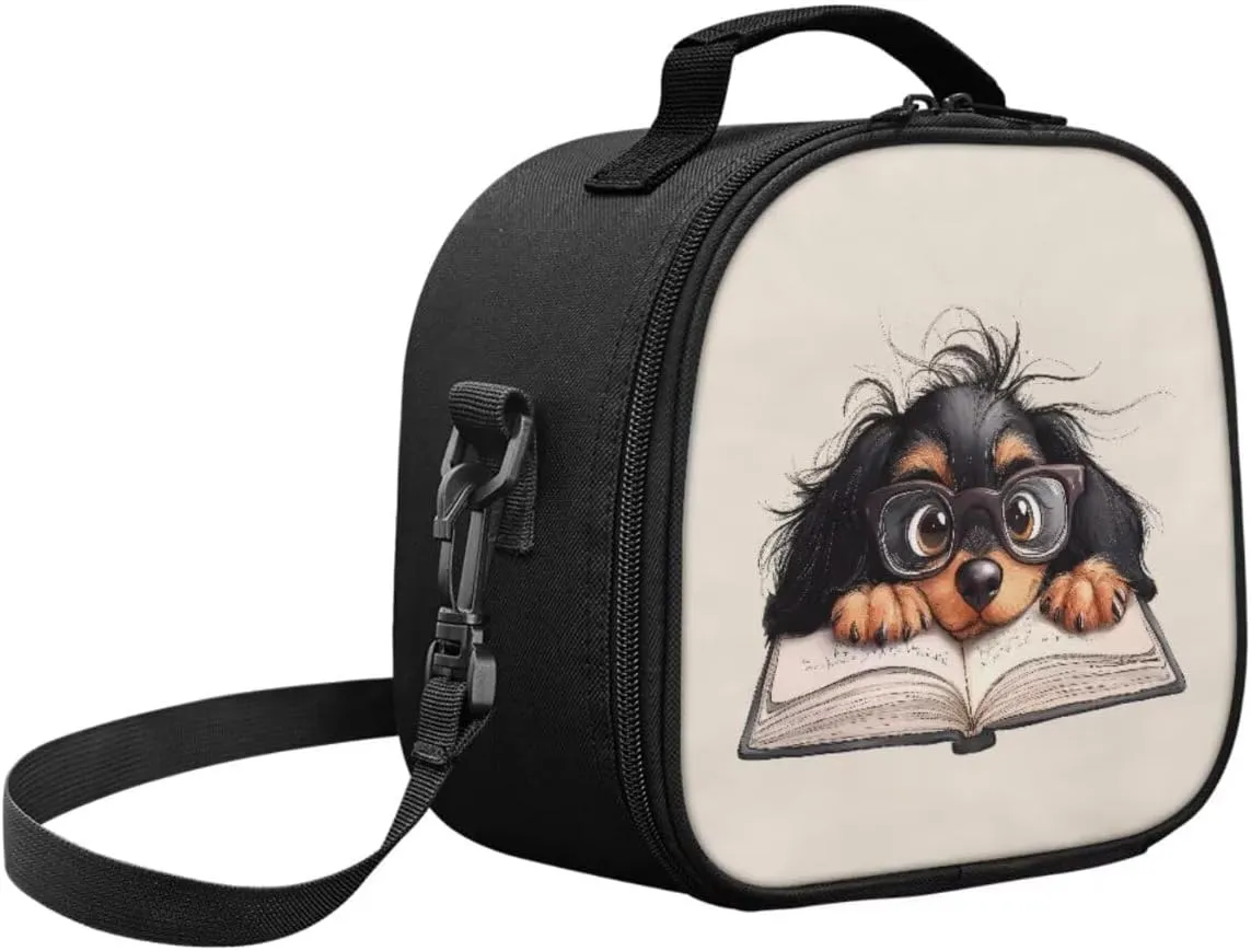 Dachshund Book Lunch Box Utensil Pouch for Boy Girls Washable Lunch Bag with Crossbody Shoulder Strap Cooler Meal Containers for School Picnic Daily Use