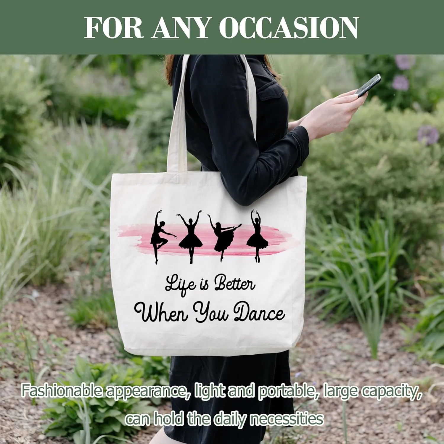 Dance Gifts Canvas Tote Bag Aesthetic, Reusable Grocery Shopping Bags, Mother's Day Gifts, Teachers Day Gift, Birthday Christmas Dance Competition Gift Accessories for Women Friends (A15)
