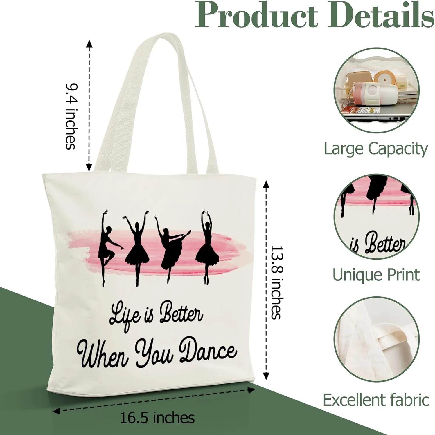 Dance Gifts Canvas Tote Bag Aesthetic, Reusable Grocery Shopping Bags, Mother's Day Gifts, Teachers Day Gift, Birthday Christmas Dance Competition Gift Accessories for Women Friends (A15)