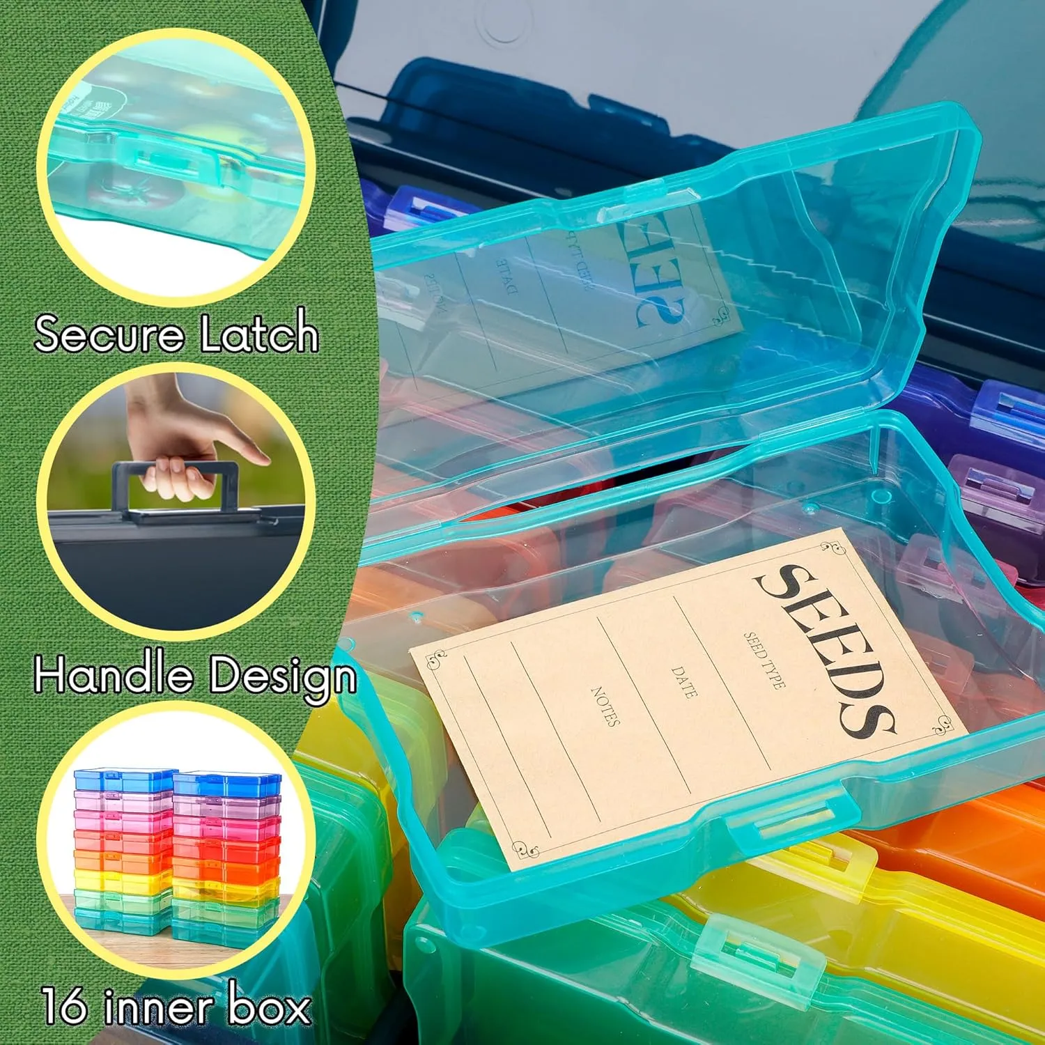 Dark Green Seed Packets Storage Organizer For Gargen Planting，16pcs 4×6 inch Colorful Seed Boxes With 16 pcs seed bags