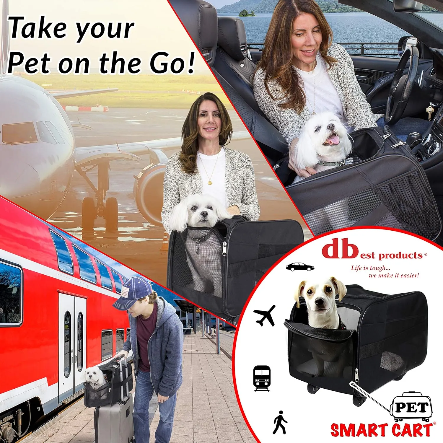 dbest products Pet Smart Cart, Large, Black, Rolling Carrier with wheels soft sided collapsible Folding Travel Bag, Dog Cat Airline Approved Tote Luggage backpack