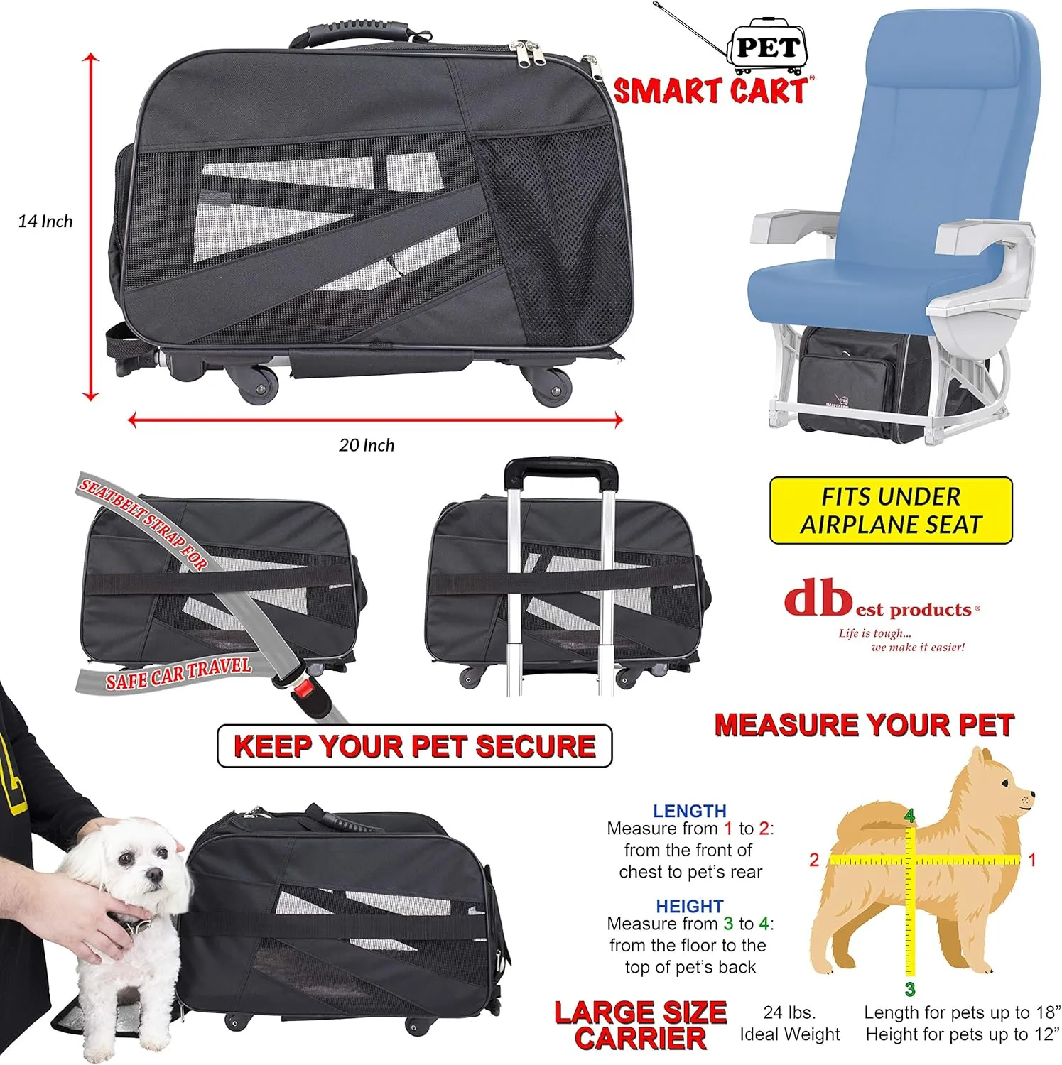 dbest products Pet Smart Cart, Large, Black, Rolling Carrier with wheels soft sided collapsible Folding Travel Bag, Dog Cat Airline Approved Tote Luggage backpack
