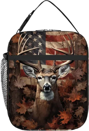 Deer Forest Camo American Flag Lunch Box for Boys Men Women, Deer Hunting Camouflage USA Flag Insulated Lunch Bag, Portable Leakproof Lunchbox Cooler Tote Handbags for School Work Picnic