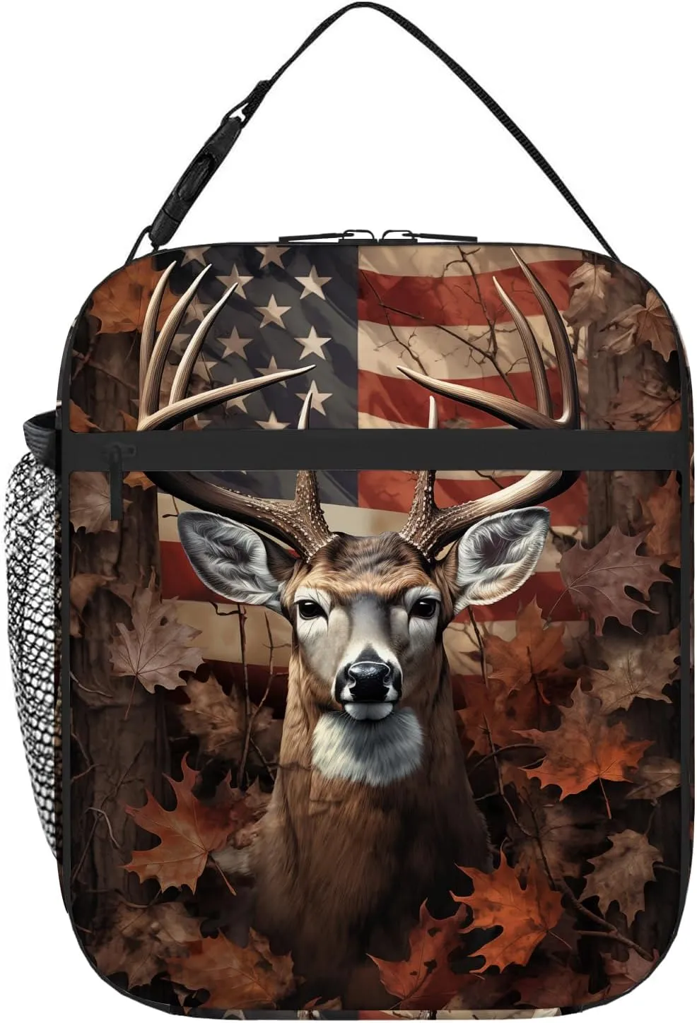 Deer Forest Camo American Flag Lunch Box for Boys Men Women, Deer Hunting Camouflage USA Flag Insulated Lunch Bag, Portable Leakproof Lunchbox Cooler Tote Handbags for School Work Picnic