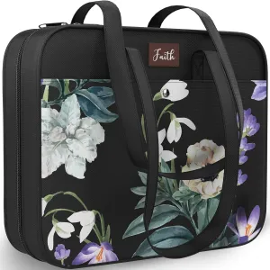 DEHITE Bible Bags for Women – Black Floral Carrying Case Bible – Tote Bag Extra Large – Book Size 11.8 x 10 x 4.1 in – Pen Slot – Zippered Pocket – Shoulder Strap – Premium Fabric – Christian Gift