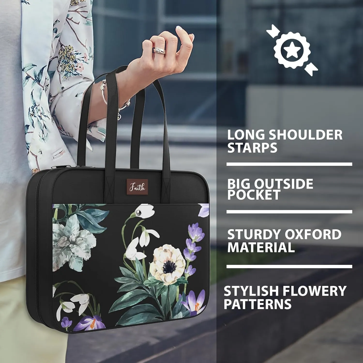DEHITE Bible Bags for Women – Black Floral Carrying Case Bible – Tote Bag Extra Large – Book Size 11.8 x 10 x 4.1 in – Pen Slot – Zippered Pocket – Shoulder Strap – Premium Fabric – Christian Gift