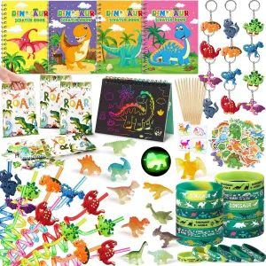 Dinosaur Party Favors Birthday Supplies, Dino Scratch Notebooks Straw Drawing Stencil Gift Bag Dinosaurs Figures Keychain Silicone Bracelet Sticker, Dinosaurs Party Goodies Bag Stuffer Filler