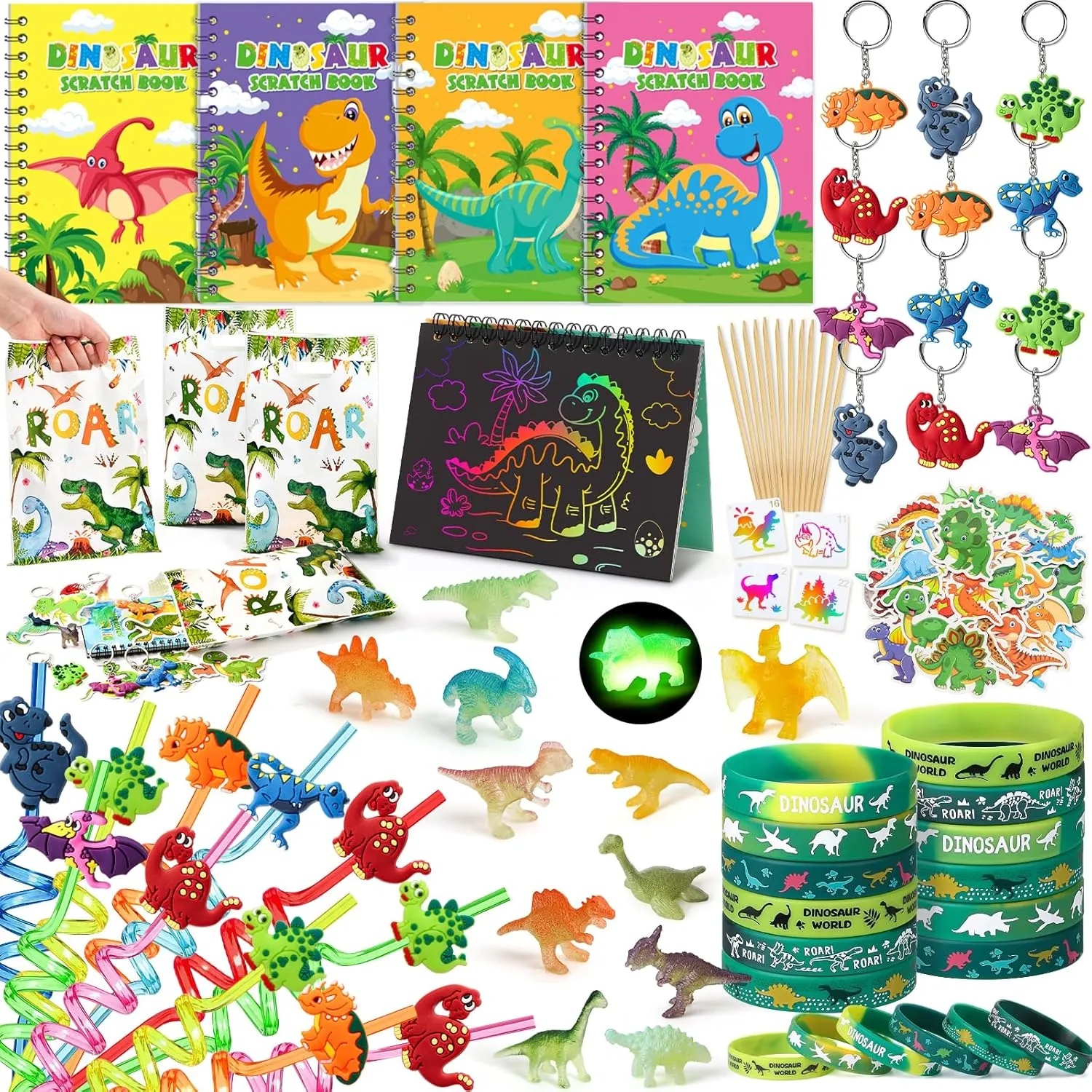Dinosaur Party Favors Birthday Supplies, Dino Scratch Notebooks Straw Drawing Stencil Gift Bag Dinosaurs Figures Keychain Silicone Bracelet Sticker, Dinosaurs Party Goodies Bag Stuffer Filler