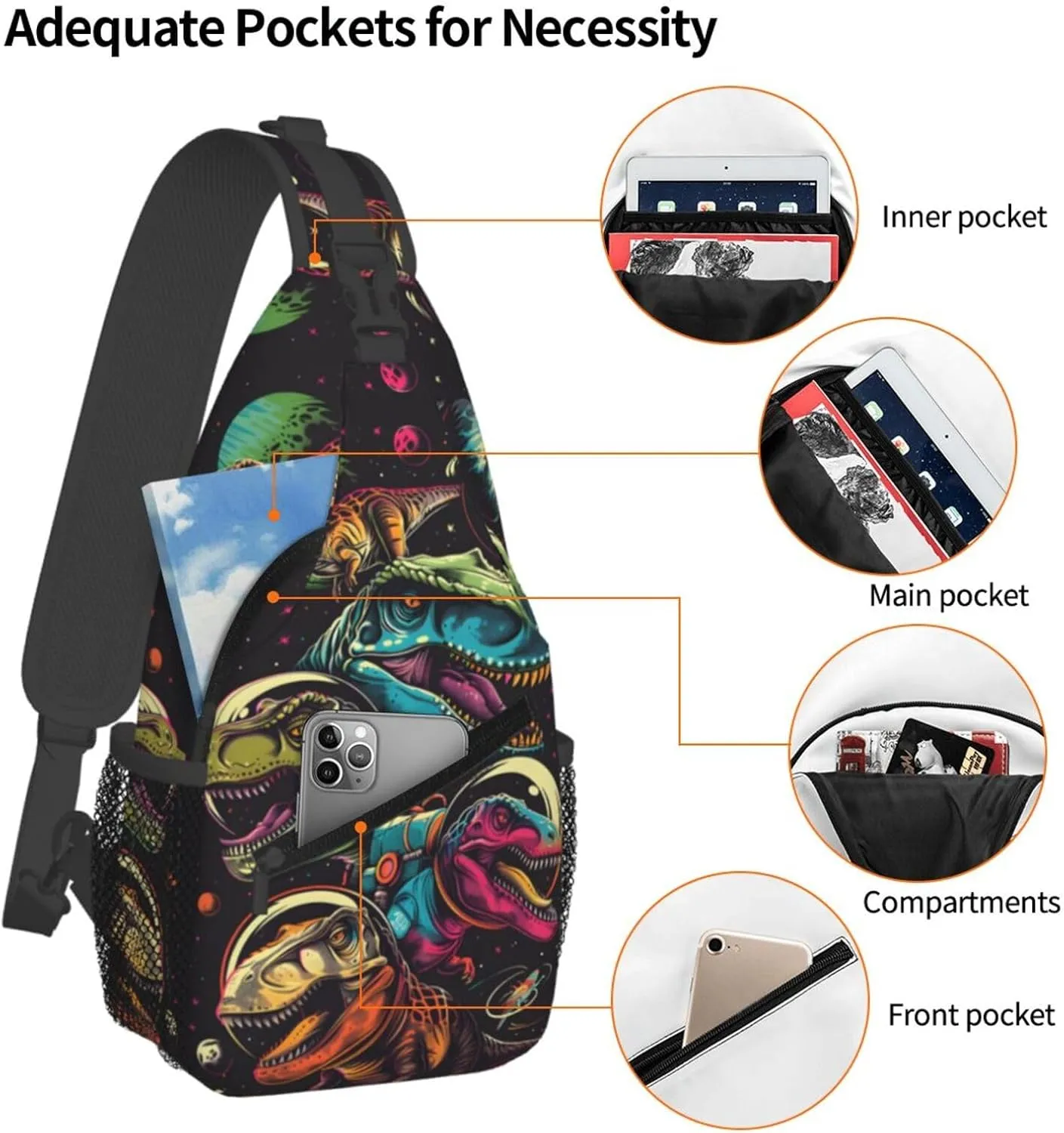 Dinosaurs In Space Outdoor Crossbody Shoulder Bag For Unisex Young Adult Hiking Bicycling