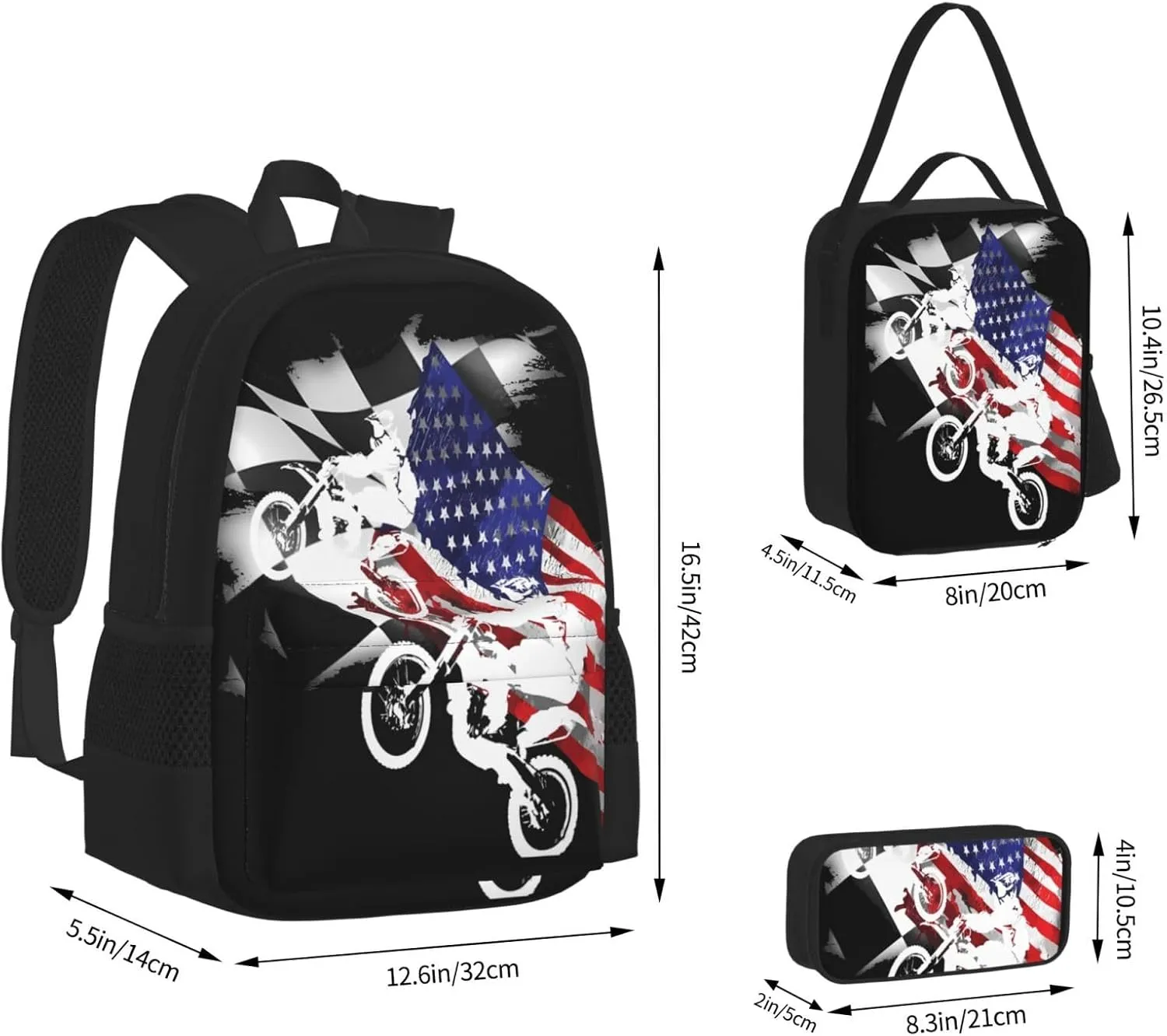 Dirt Bike Motocross Motorcycle Racing Competition Multifunctional Pocket Backpack Crossbody Lunch Bag Pencil Case 3Pcs Set Large Capacity Backpack