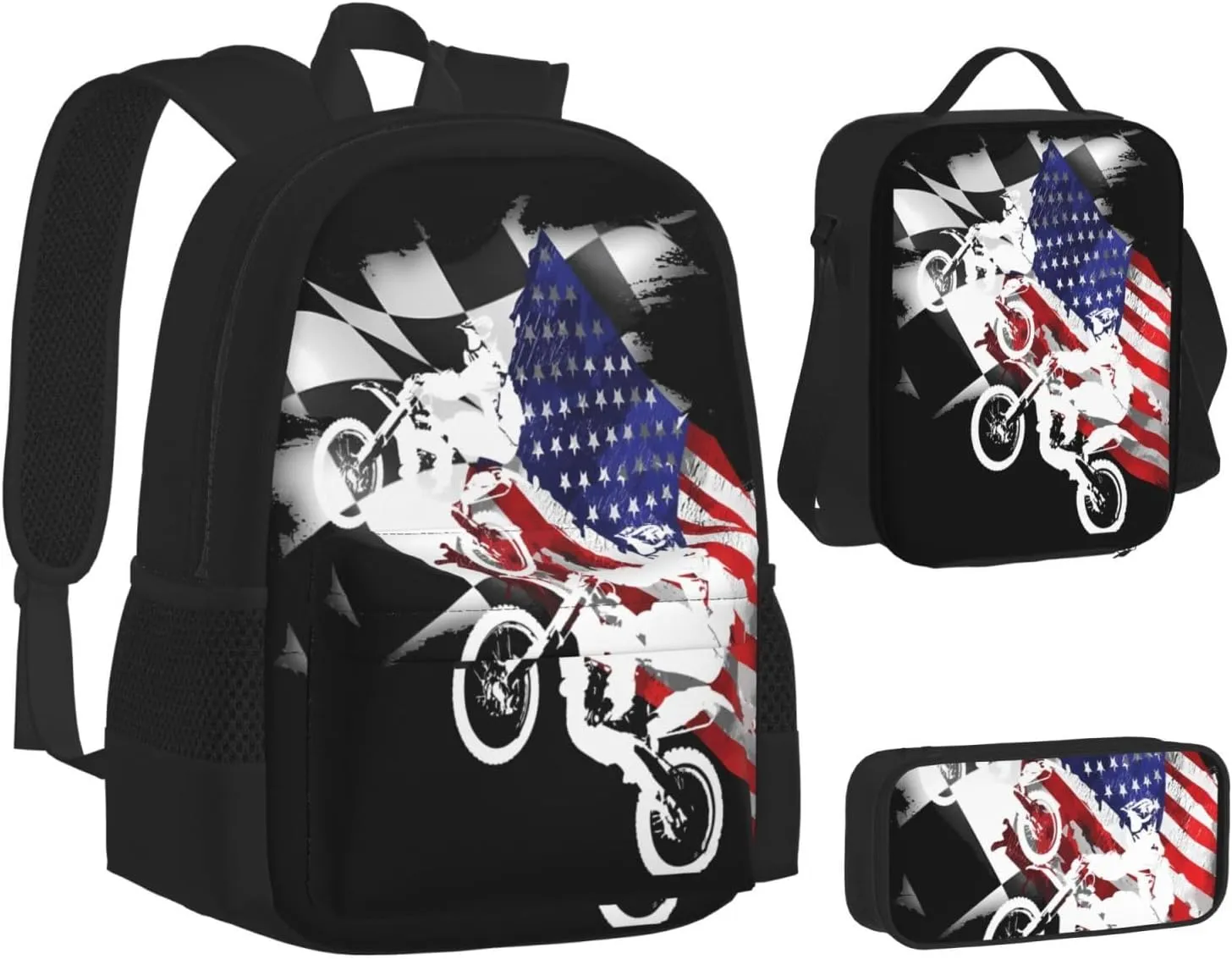 Dirt Bike Motocross Motorcycle Racing Competition Multifunctional Pocket Backpack Crossbody Lunch Bag Pencil Case 3Pcs Set Large Capacity Backpack