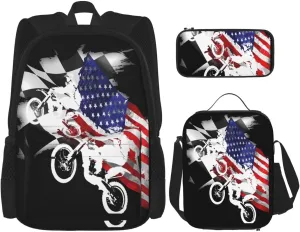 Dirt Bike Motocross Motorcycle Racing Competition Multifunctional Pocket Backpack Crossbody Lunch Bag Pencil Case 3Pcs Set Large Capacity Backpack
