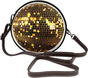Disco Ball Black Gold Style Women Round Crossbody Bags Leather Sling Bag Purse