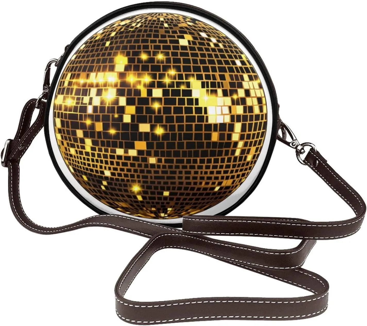 Disco Ball Black Gold Style Women Round Crossbody Bags Leather Sling Bag Purse