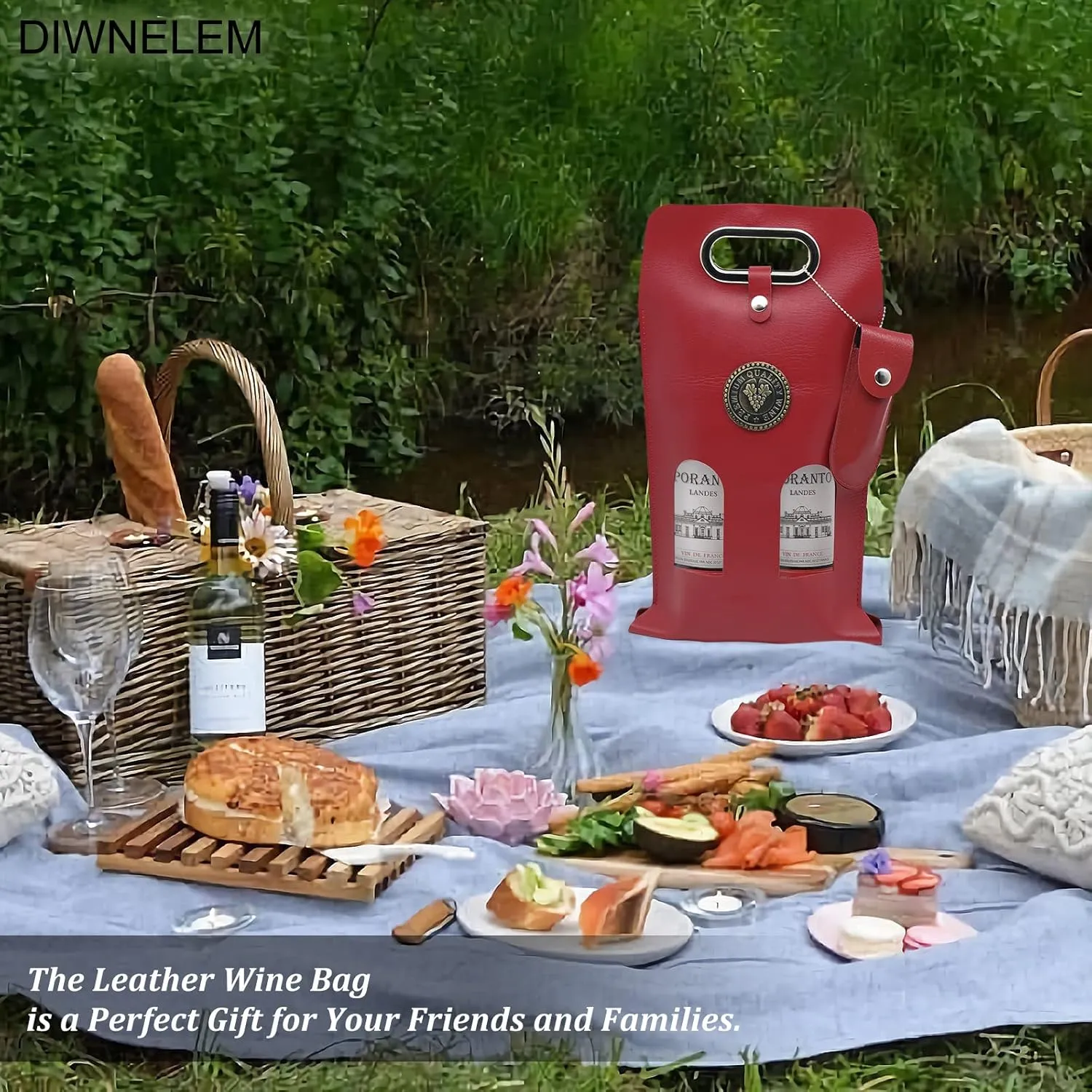DIWNELEM Leather Wine Bag Leather Wine Gift Bags with Wine Opener Wine Tote Carrier Bag Champagne Beer Bottle Bags for Wedding, Birthday,Travel, Wine Tasting Parties,Christmas-Red 2 Bottles