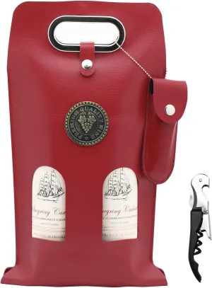 DIWNELEM Leather Wine Bag Leather Wine Gift Bags with Wine Opener Wine Tote Carrier Bag Champagne Beer Bottle Bags for Wedding, Birthday,Travel, Wine Tasting Parties,Christmas-Red 2 Bottles