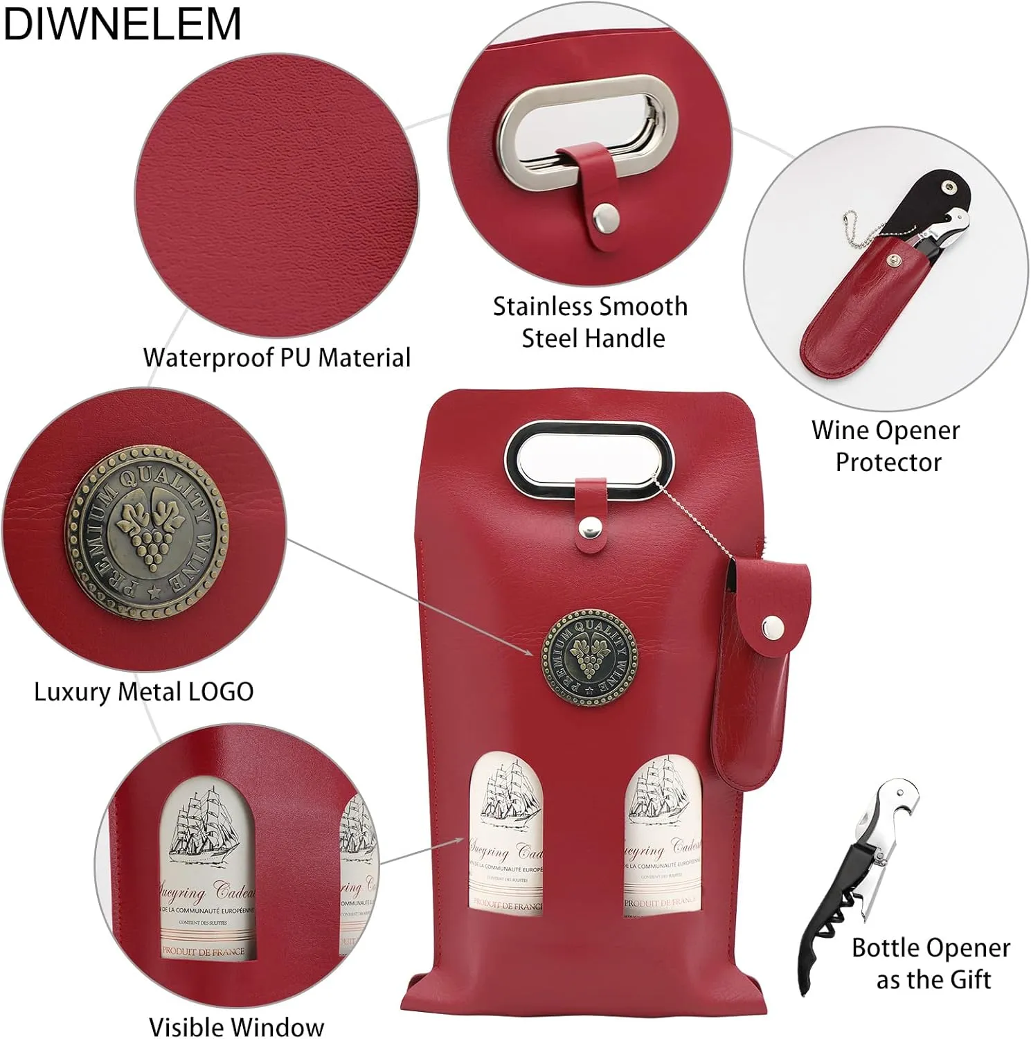 DIWNELEM Leather Wine Bag Leather Wine Gift Bags with Wine Opener Wine Tote Carrier Bag Champagne Beer Bottle Bags for Wedding, Birthday,Travel, Wine Tasting Parties,Christmas-Red 2 Bottles