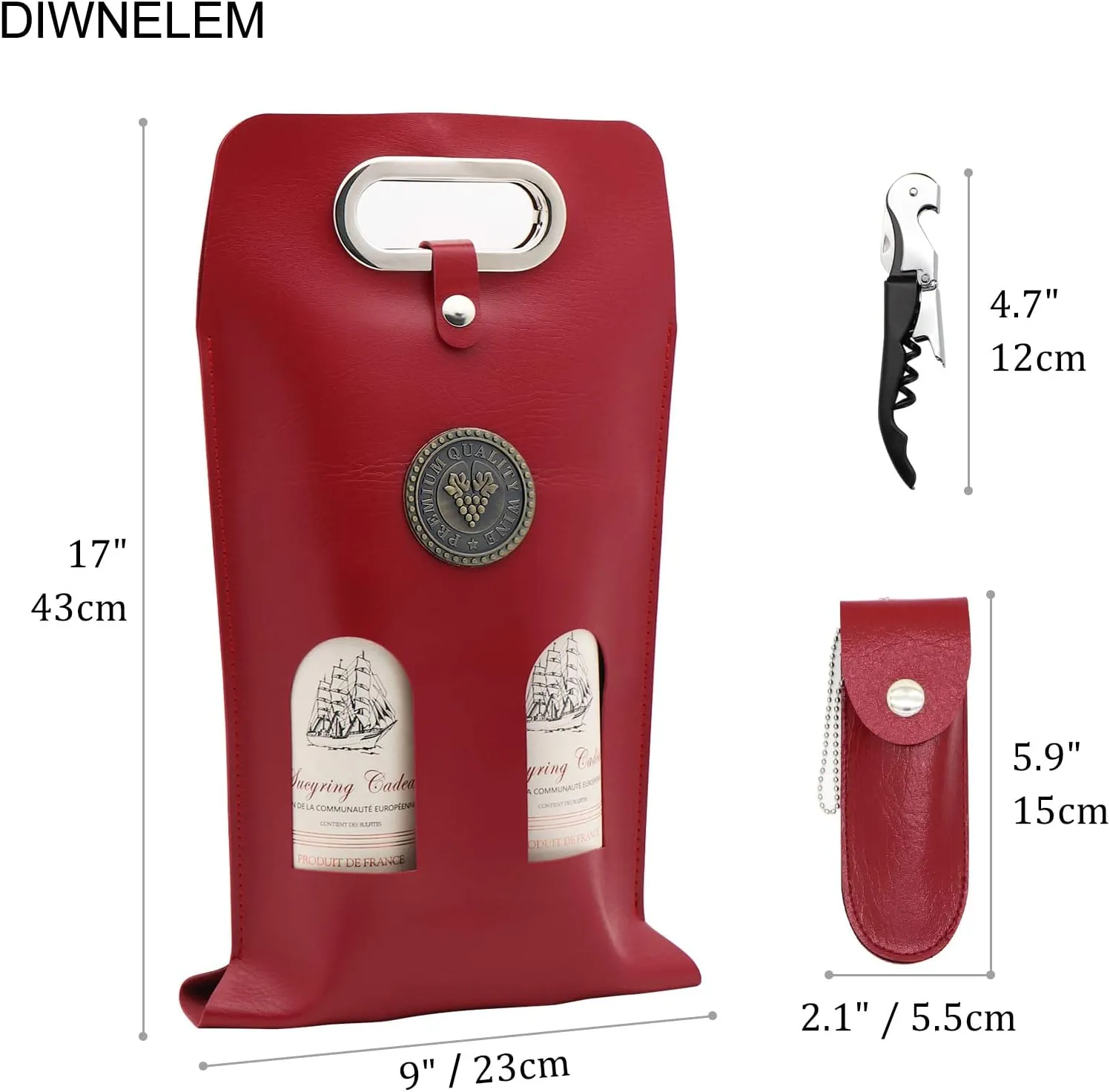 DIWNELEM Leather Wine Bag Leather Wine Gift Bags with Wine Opener Wine Tote Carrier Bag Champagne Beer Bottle Bags for Wedding, Birthday,Travel, Wine Tasting Parties,Christmas-Red 2 Bottles