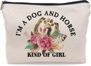 Dog and Horse Lover Gifts Makeup Bag Cosmetic Bags for Women, Dog Horse Gifts, Horse Girl Gifts, Horse Lady Gifts, I'm a Dog and Horse Kind of Girl Small Makeup Cosmetic Bag for Purse