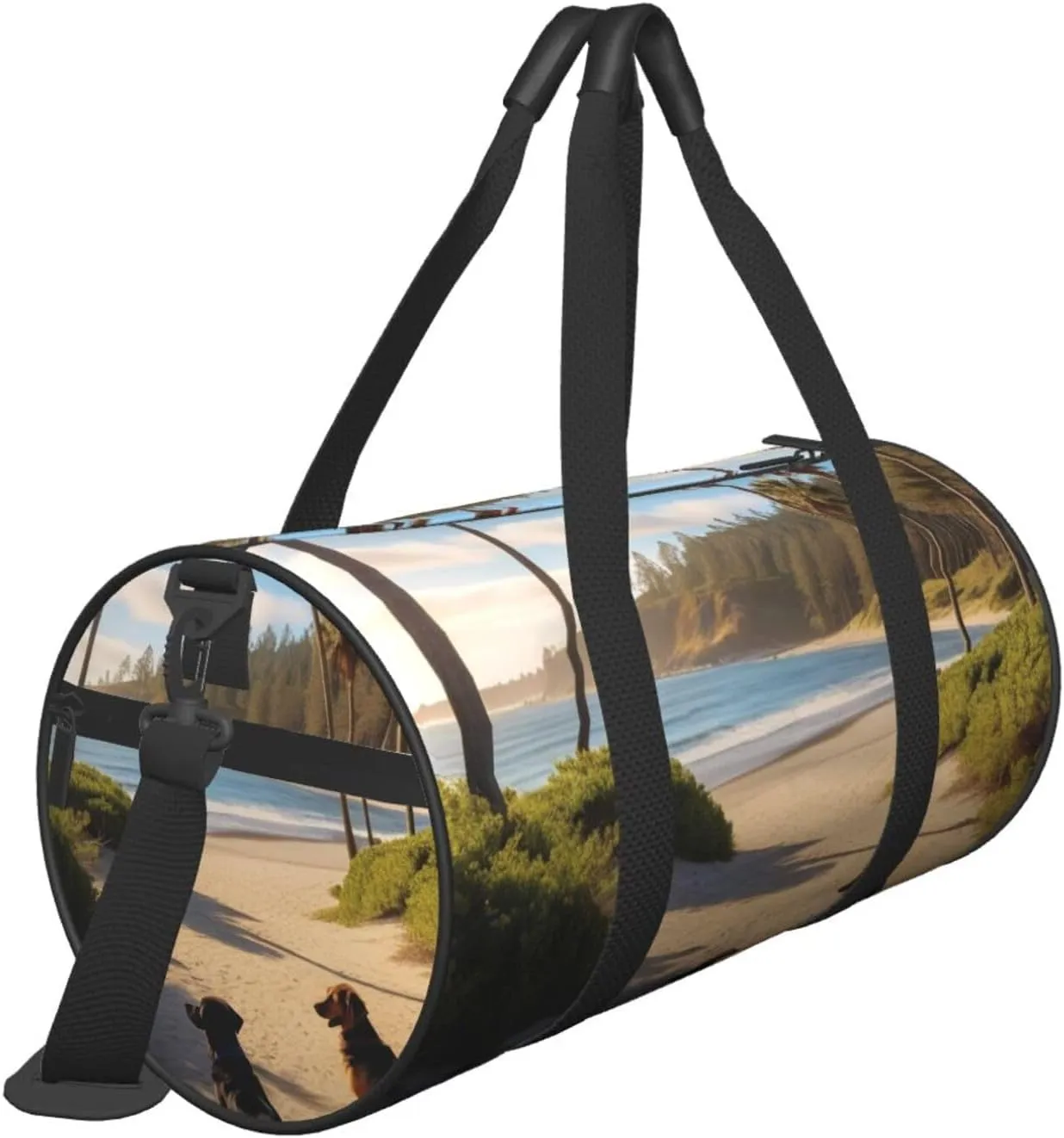 Dog Beach Palm Trees Printed Travel Bag,Round Personal Item Storage bag,Foldie Duffel Bag for Traveling Vacation,Fitness,Sports