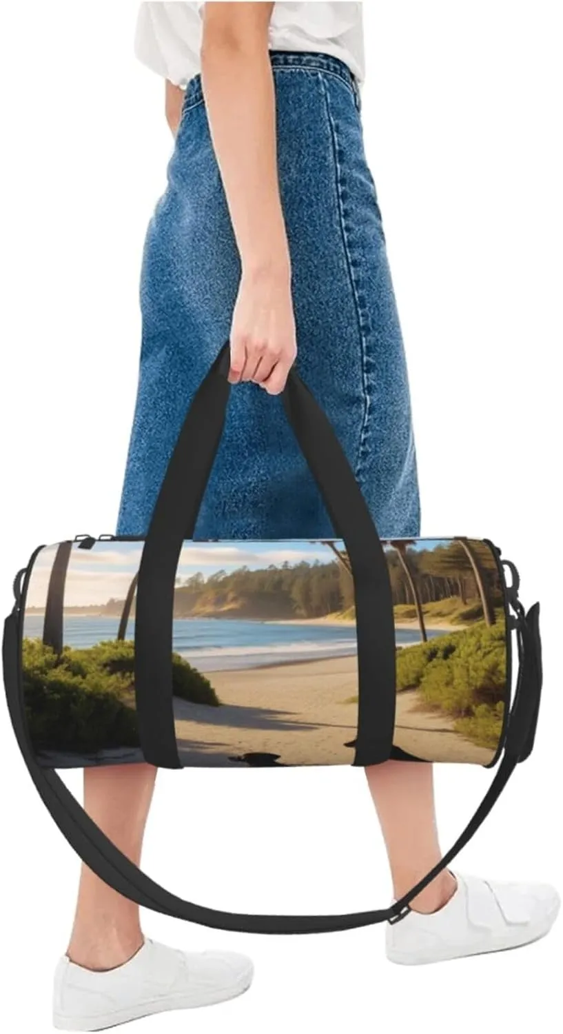 Dog Beach Palm Trees Printed Travel Bag,Round Personal Item Storage bag,Foldie Duffel Bag for Traveling Vacation,Fitness,Sports