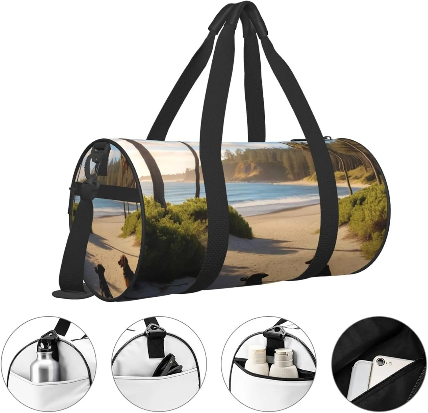 Dog Beach Palm Trees Printed Travel Bag,Round Personal Item Storage bag,Foldie Duffel Bag for Traveling Vacation,Fitness,Sports