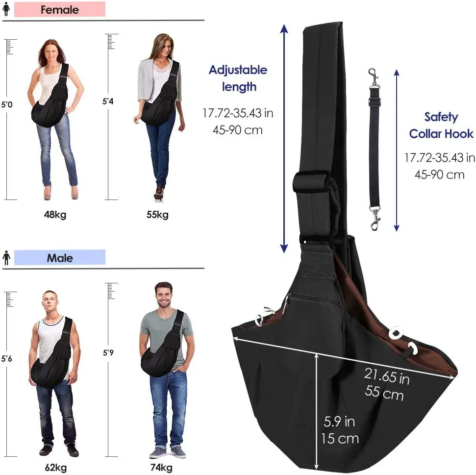 Dog Padded Papoose Sling, Small Pet Sling Carrier Hands Free Carry Adjustable Shoulder Strap Reversible Tote Bag with a Pocket Safety Belt Dog Cat Traveling Subway