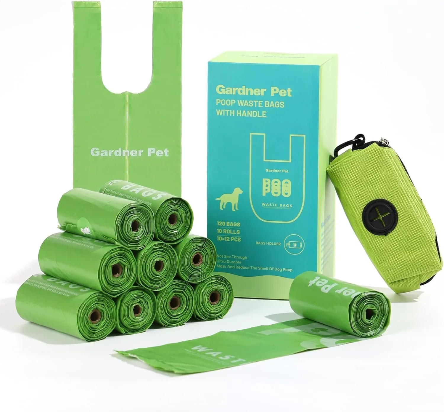 Dog Poop Bags with Handles 10 Rolls, 120 Counts Pine Scented Dog Waste Bags with Dispenser, Leak Proof and Extra Thick, Easy-Tie Pet Poop Bags with Holder for Dogs, Puppies, Cats, Kitten